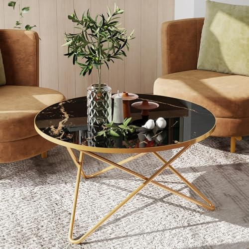 HOLTICO Couchtisch Beistelltisch Rund, Wohnzimmertisch Sofatisch für Wohnzimmer Garten Balkon Schlafzimmer,Tisch Rund Modern,Pflanzentisch Outdoor mit Marmormuster (Schwarz 2, 80 * 80)