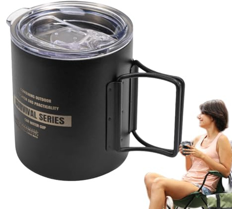 Generisk rese-tekopp, campingmugg i rostfritt stål – mjölkkopp med fällbart handtag och lock – 320 ml bärbar espressomugg för, camping, utomhusresor