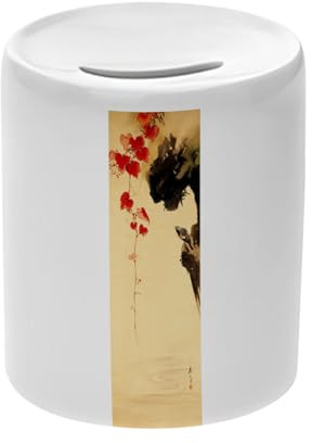 Tirelire Céramique Blanche - Estampe Japonaise 18 Petit Oiseau et Feuilles de Lierre Rouge Art Délicat Original Vintage - Boîte à Monnaie avec Bouchon Décoration Chambre Imprimé en France