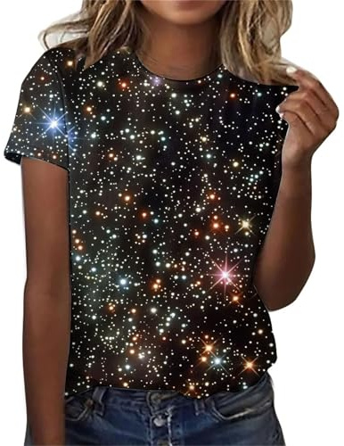 hehiy Galaxy Shirt Damen 3D Galaxie Bedrucken Grafik-T-Shirts Universum Sternenhimmel Weltraum Karneval Kostüm Tshirt Kurzarm Rundhals Sommer Oberteile Frauen Faschingskostüme KostüM Damen XXL