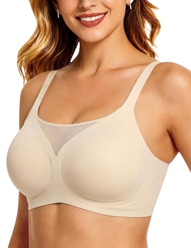 Bresdk Bras for Women Non Wired Seamless Jelly Push Up Bra T Shirt Padded Comfort Wireless V Neck with Mesh Everyday Bralettes Nude M