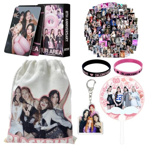 KierscEU Blaackpink Kpoop Blackpiink - Set regalo con sacca da palestra, adesivi, portachiavi, carte, ventagli, braccialetto in silicone per fan