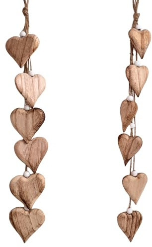 Holzherz Girlanden 2er Set, Natur Holz, Jute Kordel mit Herzen 45 cm | zwei Herzgrößen, helles Paulownia Holz, leicht, mit weißen Perlen, große Schlaufe, Hängedeko Fensterschmuck, Wandhänger
