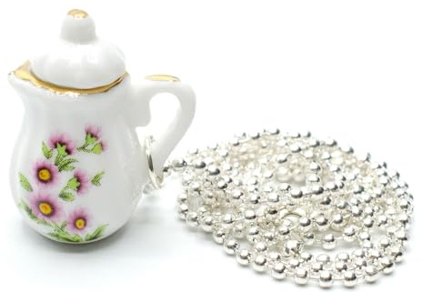 Miniblings kaffekanna tekanna kedja te kaffe 80 cm porslin guldkant smal – handgjorda modesmycken – kulkedja silverpläterad