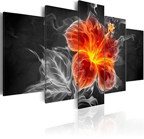 B&D XXL - Wandbilder XXL Abstrakt 200x100cm 5 tlg - Wand Deko Leinwand Bilder Groß Wanddeko Wohnzimmer Schlafzimmer Kunstdrucke - Feuerblume Lilien Flamme Blätter orange grau