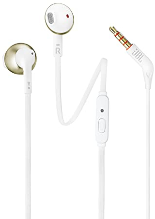 JBL T205 CGD Kopfhörer mit Kabel und Mikrofon, flaches Kabel, Einhandbedienung, ergonomisch, weiche Hülle, 3,5 mm Klinke, Pure Bass Sound, Champagner