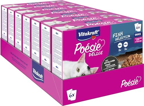 Vitakraft Poésie Delice, Fish Selection, Katzenfutter nass, mit Fisch, in Sauce, für ausgewachsene Katzen, ohne Zusatz von Zucker und Getreide (7x 6 Stück)