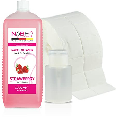 NAILS FACTORY Nagel Cleaner 1000ml – Erdbeer Duft – Dispenser Pumpflasche (Weiß) + 1000 Zelletten Pads – Nail Cleaner mit 70% Ethanol – Schonende Reinigung & Studioqualität