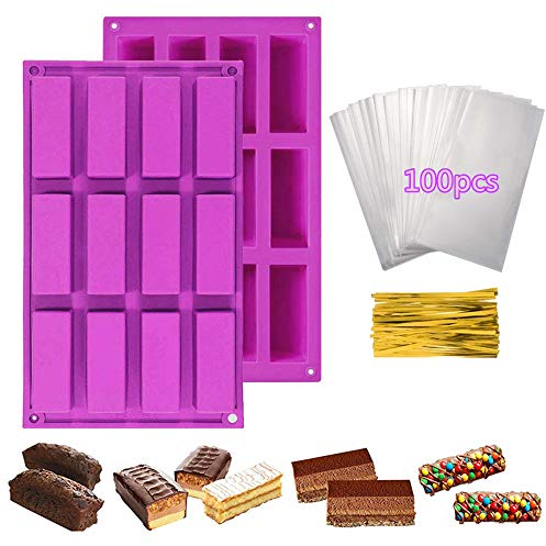 2x Moule à Financiers + 100x Sacs de Friandises, 12 Cavités Moule Rectangulaire Silicone Pour Faire Barres de Céréales Chocolat Mini Cakes Sucrés/ Salés Petits Gâteaux Muffin Bouchées Beurre (Violet)