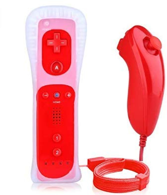 MeiLiu Wii Fernbedienung und Nunchuck, kabellose Fernbedienung, Joysticks, Wii Gamepad Controller mit Silikonhülle für Wii – Rot