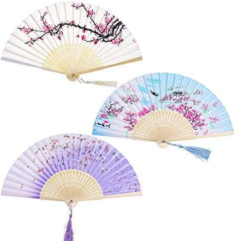 JUHONNZ Ventilatore Piegante,3 PCS Ventilatore Bambù Ventilatori Pieghevoli in Seta con Nappe Ventilatori Tasca Ventilatore a Mano per la Decorazione Della parete Regalo Fiori di Ciliegio
