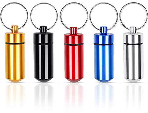 ZGTS 5PCS Waterproof Aluminum Pill Box Pocket Pill Case Portable Container Keychain Pill Holder Pill Container for Outdoor Travel Camping Multi Colors