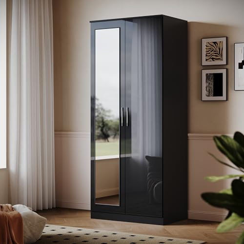 ELEGANT High Gloss Wardrobe with Mirror, Soft Close Hinge Mirrored Wardrobe | 2 Doors Black Wardrobe Set Bedroom Furniture with Hanging Rod and Storage Shelves