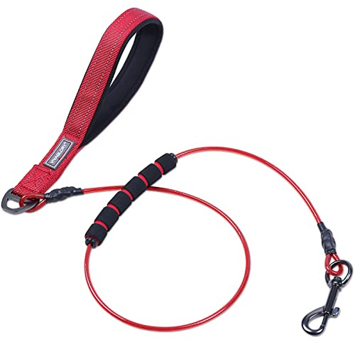 VIVAGLORY Hundeleine Edelstahl Toughbite Führleine Bissfest, 122cm, Rot | Welpenleine Hundeleine mit Doppelgriff & 2 Griffen für Hausleine Joggingleine, Kette Metall Edelstahl & Bissfest für Hunde