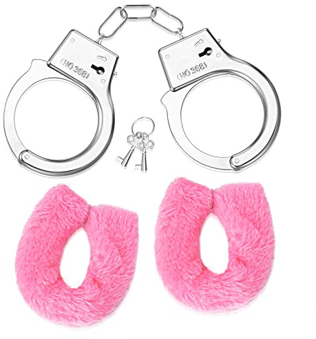 SATINIOR Metall Handschellen mit 2 Schlüsseln Plüsch Handschellen Polizei Kostüm Accessoires für Party Requisiten Rollenspiel Zubehör (Rosa, Plüsch Stil)