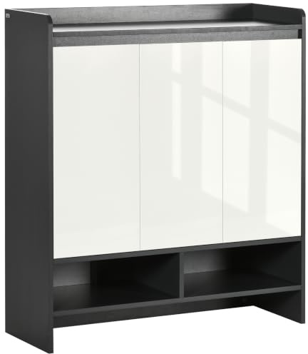 HOMCOM High Gloss Shoe Cabinet with White Doors Open Shelves Storage Grey | Cupboard Storage Organizer, Hallway, for 19 Pairs of Shoes