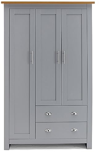 Wardrobes for Bedroom 3 Door 2 Drawer Wardrobe MDF with Shelf Hanging Rail Cloth Storage Wooden Double Wardrobe with Drawer Large Cupboard Bedroom Furniture, Grey & Oak 180H x 109W x 52D cm
