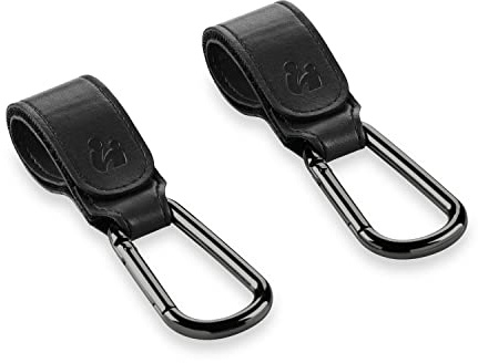 hauck Lot (2 Pièces) Crochet Poussette, Attache Sac a Langer Poussette - Style Cuir, Clips Mousqueton, Compatibilité Universelle, Multifonction - Black