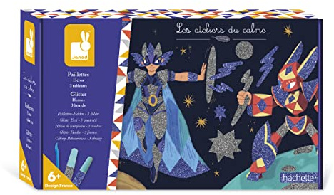 Janod - Coffret Paillettes Héros - Les Ateliers du Calme - Kit Loisir Créatif Enfant - 3 Tableaux à Décorer - Apprentissage Motricité Fine et Concentration - Dès 6 ans, J07920