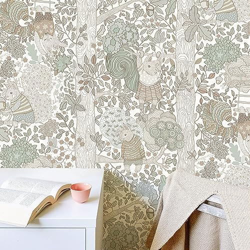 Papier peint animal de la forêt à décoller et à coller - Papier contact bohème pour armoires - Autocollants muraux mignons autocollants amovibles pour chambre d'enfant - 43 x 499 cm