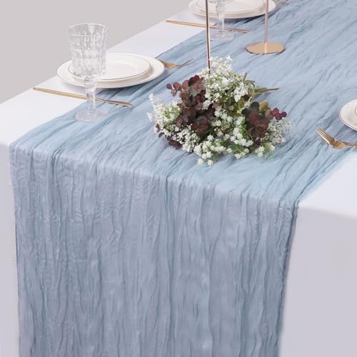 Blauer Tischläufer, 90 x 400 cm Gaze, Tischläufer, Boho Käseläufer, rustikale elegante Tischdekoration für Hochzeit Taufe Baby Shower Urlaub Party