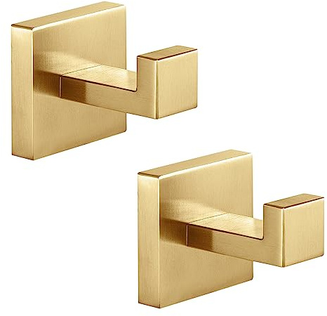 Fenas Heavy Duty Stainless Steel Towel Hooks, Wall Mounted Square Robe Hooks for Bathroom, Kitchen, Bedroom, Hotel Brushed Gold 2 Pack