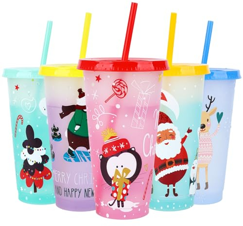 Juego de 5 vasos de bebidas navideñas de 710 ml, color frío, con tapa y pajitas, taza para beber, vaso de zumo de batido, taza de café para decoraciones de fiesta de Navidad (Color A)