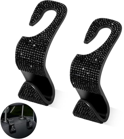 Newellsail Autositz-Haken Glitzernde Kristall Kopfstütze Aufhänger Auto Rücksitz Aufbewahrungshaken für Geldbörse, Handtasche, Lebensmitteltasche 2 Stück (Schwarz)
