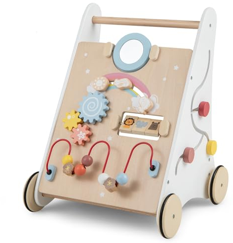 LIFEZEAL Girello Neonato in legno, Primi Passi per Bambini con Giocattoli Montessori, Carrello Primi Passi con Ruote, Gioco per Camminare, Carrellino con Banco da Lavoro per Bimbi da 3 Mesi (B)