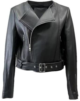 Hdhdeueh Damen Echtleder Jacke Schaffell Leder Mantel Gürtel Crop Jacken, Schwarz , 46