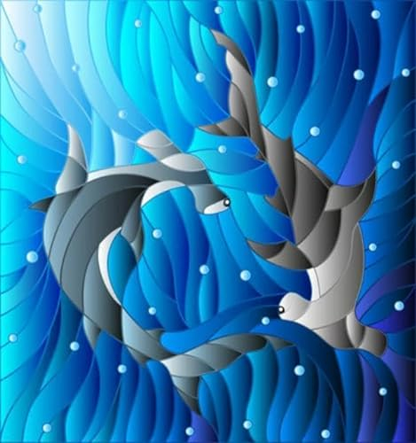 Holz-Bild 80 x 90 cm: Illustration im Stil von Buntglas mit zwei Fischhämmern auf dem Hintergrund von Wasser und Luftblasen (205670457)