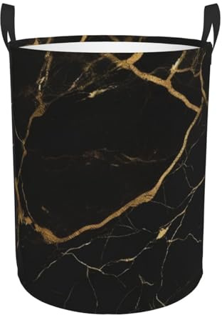 Runder Wäschekorb, schwarzer und goldener Hintergrund, faltbarer Aufbewahrungskorb für schmutzige Kleidung, mit Griffen, wasserabweisend, für Schlafzimmer, Badezimmer, 50 x 40 cm