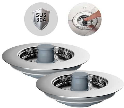 Hibbent 2 Sets Bouchon Evier Cuisine,ABS Bouchon Evier avec Un Set Combiné Filtre Evier Cuisine en INOX,Anti - Blocage, PréVention des Odeurs,Grille Evier Cuisine-Profondeur de L'éVier >22mm