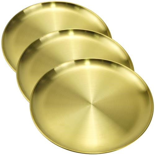 Decorative Round Tray Plate - Gold Metal Storage Organizer for Coffee Table, Serving, Jewelry, Brass, Perfume, Makeup, Candle, Toiletry, Kitchen (3, 30cm)