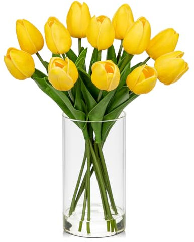 Hollyone 12PCS Fake Yellow Tulips, Artificial Tulip Flowers in Glass Vase with Faux Water, 7.5 Real Touch Tulip Flowers Décor for Table Centerpiece Home Farmhouse Resto Wedding Decoration