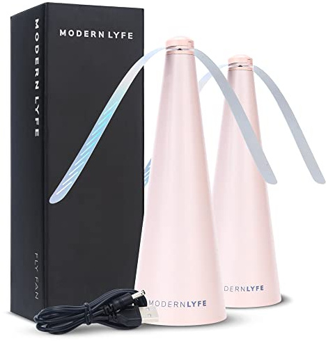 Fly Fans for Tables by Modern Lyfe - AA Battery & USB Powered - Fly Swatter Outdoor Camping Accessory Or for Food at Parties, Restaurants & Picnics, Bug Fan, Spinner Keeps Flies Away (2 Pack - Pink)