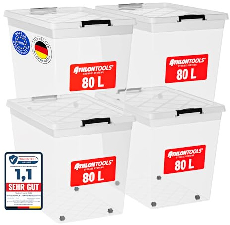 ATHLON TOOLS 4x 80 L Aufbewahrungsboxen mit Deckel, lebensmittelecht | Inkl. Verschlussclips - 100% Neumaterial Plastik-Box transparent - Kleiderboxen stapelbar