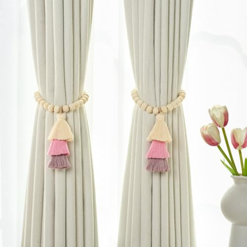 champracer Vorhang Raffhalter Magnetische,Vorhang Raffhalte Regenbogen Boho Vorhanghalter, 2 Stück Regenbogen Quasten Gardinenhalter mit Holzperle, Vorhang-Raffhalter magnetische (Holzperle rosa)