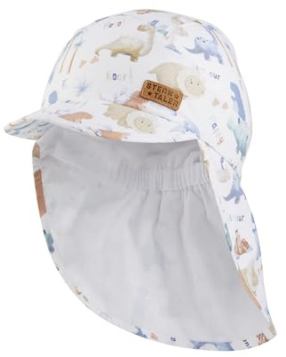Sterntaler Schirmmütze Nacken Saurier - Jungen Mütze aus Baumwolle - UV-Schutz 50+ Sommermütze mit Nackenschutz - Sonnenhut mit Futter aus Batist (Bio) - Baby und Kinder Kopfbedeckung - weiß, Größe 55