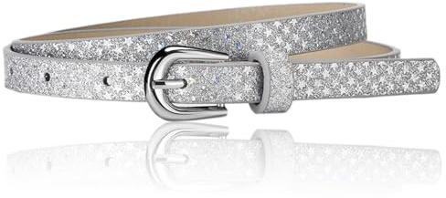 NiceYnn Cute Shiny Skinny Thin Belt for Girls Boys, Kids Fashion Glitter PU Leather Adjustable Waist Belt Strap for Jeans Pants Dress, Youth Teens Sports Belt Silver