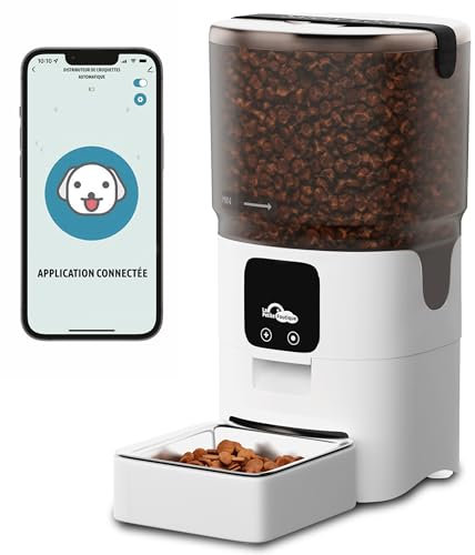 Distributeur Automatique de Croquettes Chat Connecté WiFi Anti Chute Gamelle Chien Option Anti Glouton 6L