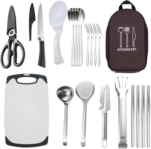 24 Pcs Portable Camping Kitchen Utensil Set, Camping Cookware Cooking Utensils Set, Portable Outdoor Camping Essentials Accessories, Perfect for Travel, Picnics, RVs, Camping, BBQs, Parties and More