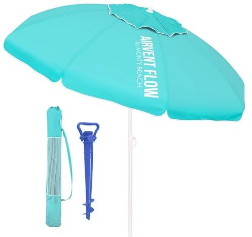 LOLAhome Sombrilla Playa 180 cm y Soporte Arena, protección UV+50, sombrilla antiviento, Varillas Flexibles Fibra Vidrio, Techo ventilación, mástil inclinable y Regulable Altura, Bolsa Transporte