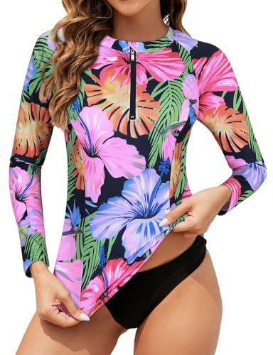 Tanst Sky Rashguard-Badeoberteil für Damen, langärmelig, UV-Hemd, Reißverschluss, Rashguard-Badeanzug, Floral Navy, S