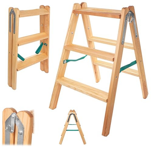 KADAX Scala pieghevole in legno con 3 gradini, scala a pioli per la casa e la pittura, stabile scala in legno