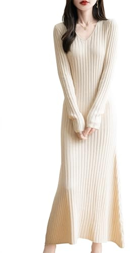 Ciovkis Women's Merino Wool Blend Sweater Dress 2025 Fall Winter V-Neck Long Sleeve Ribbed Cocktail Bodycon Knit Maxi Dress (Milky,M)