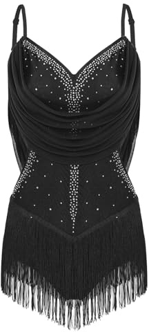 Miutii Womens Rhinestones Salsa Tango Tassel Latin Dance Dress Leotard Glitter Performance Ballroom Costume Black L
