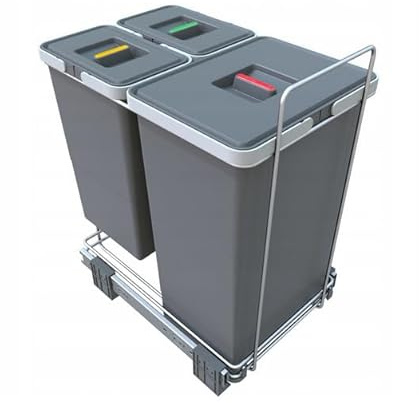 Abfalltrenner Set ECOFIL - Mülltrennsystem für 40 cm Küchenunterschrank, 3 facher Mülleimer (2x 8 L, 1x 24 L) aus Kunststoff mit Deckel, Vollauszug mit kugelgelagerten Schienen, Grau