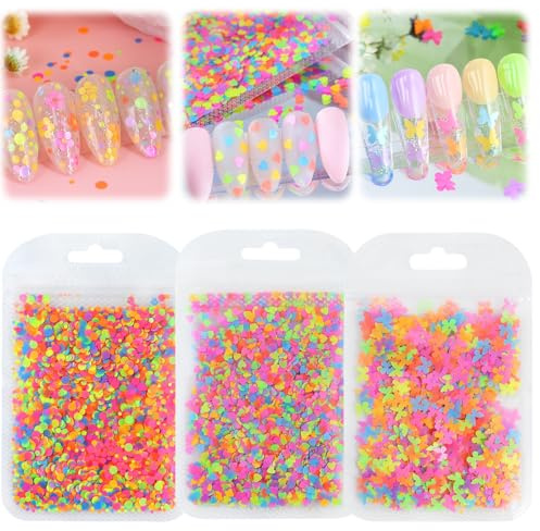 Nagelkunst Glitzer Pailletten,Mini Glitzerpulver Set,3D Klare Ultradünne Nagelkunst,Runde Nägel Kunst Pailletten,Glitzer für Nägel mit Schmetterlinge,Liebe, Nageldekoration für Frauen (Fluoreszenz)