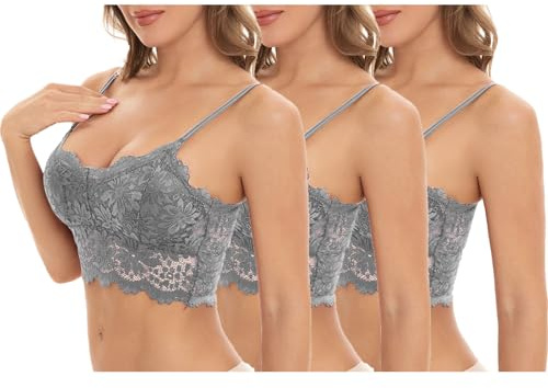 UHouse Lot de 3 Soutien Gorge Dentelle Brassiere Push Up Femme Sexy Brassière sans Armature Bustier Minimiseur Bralette Classiques Bra Crop Top Lingerie Gris L